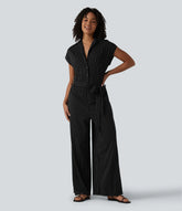 Short Sleeve Belted Stripe InstantCool Work Shirt Jumpsuit with Pockets-Easy Peezy Edition