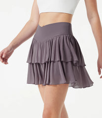 Crossover High-waisted 2-in-1 Tiered Mesh Mini Tennis Flowy Skirt with Pockets