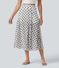 High-waisted Drawstring Polka Dot Mesh 2-in-1 Midi Flowy Flare Resort Skirt with Pockets