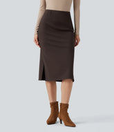 Wear-Resistant High Waisted Split Midi Ponte Roma Work Skirt