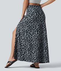 High Waisted Tummy Control Leopard Print Waffle Maxi Casual Skirt with Pocket