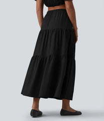 High Waisted A-Line Stretchy Poplin Midi Casual Skirt with Pockets