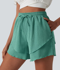 High Waisted Drawstring Layered Ruffle Hem Shorts 5'' with Pockets