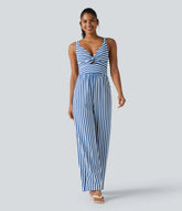 Sleeveless Twisted Shirred Invisible Zipper Built-in Bra Stripes Waffle Casual Jumpsuit with Pockets-Easy Peezy
