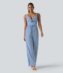 Sleeveless Twisted Shirred Invisible Zipper Built-in Bra Stripes Waffle Casual Jumpsuit with Pockets-Easy Peezy