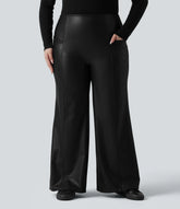 High Waisted Tummy Control Stretchy PU Fleece Casual Plus Size Flare Pants with Pockets