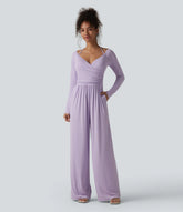 Ribbed Halter Tie Back Off Shoulder Built-in Bra Long Sleeve Casual Jumpsuit with Pockets