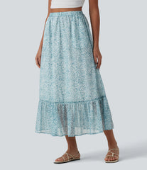 High Waisted Floral Print Flowy Midi Casual Skirt with Pockets