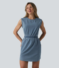 Halara Flex™ Denim Round Neck Sleeveless Curved Hem Mini Casual Dress with Pockets