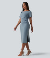 Halara Flex™ Denim Boat Neck Short Sleeve Ruched Split Midi Casual Dress