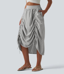 High Waisted Drawstring Stripes Midi Casual A-line Skirt with Pockets