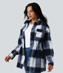 Long Sleeve Inner Drawstring Plaid Casual Sherpa Jacket with Pockets