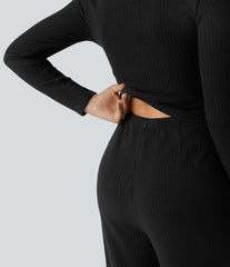 Ribbed Henley Long Sleeve Casual Jumpsuit with Pockets-Easy Peezy