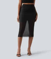 High Waisted Tummy Control 2-in-1 Mesh Bodycon Midi Casual Skirt