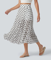 High-waisted Drawstring Polka Dot Mesh 2-in-1 Midi Flowy Flare Resort Skirt with Pockets