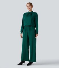 Mock Neck Keyhole Back Long Sleeve Wide Leg Work Jumpsuit with Pockets