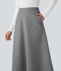 High Waisted Fleece Midi Casual A-line Skirt with Pockets