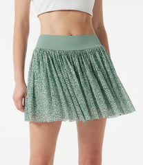 Mid Rise Leopard Mesh Mini 2-in-1 Workout Flowy Skirt with Pocket