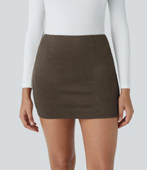 High Waisted 2-in-1 Bodycon Suede Mini Casual Skirt