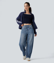 Halara Flex™ Asymmetric Mid Rise Barrel Leg Washed Casual Jeans with Pockets