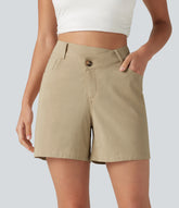 High Waisted Crossover Casual Stretch Linen Shorts 5'' with Pockets