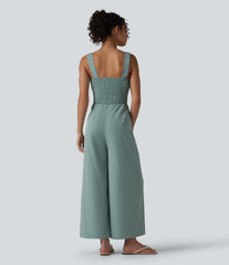 Square Neck Shirred Linen-Feel Jumpsuit-Easy Peezy Edition