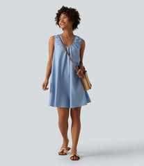 U-Neck Sleeveless Mini Denim-Like Resort Dress with Pockets