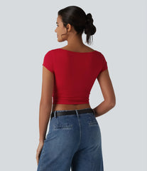 Boat Neck Short Sleeve Built-in Bra Ruched Cropped Casual T-Shirt
