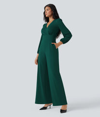 V Neck Long Sleeve Wide Leg Work Jumpsuit with Pockets-Easy Peezy Edition