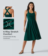 Sweetheart Neck Sleeveless Crisscross Tie-back Midi Casual Flowy Dress with Pockets