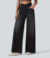 Halara Flex™ Crossover High Waisted Tummy Control Wide Leg Casual Jeans with Pockets
