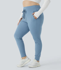 SoftlyZero™ Plush High Waisted Drawstring Pocket Plain Full Length InstantCool Plus Size Joggers-UPF50+