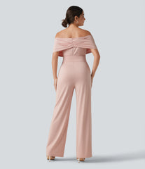 Off Shoulder Built-in Bra Short Sleeve Casual Jumpsuit with Pockets