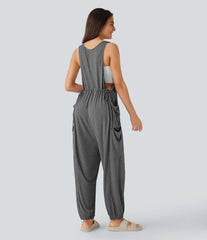 U Neck Drawstring Pockets Casual Jumpsuit