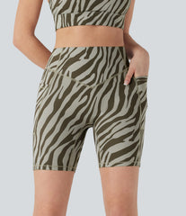 High Waisted Tummy Control Zebra Print Training Biker Shorts 7'' with Pockets