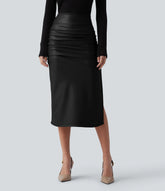 High Waisted Tummy Control Ruched Curved Hem 2-in-1 Fleece PU Midi Casual Skirt