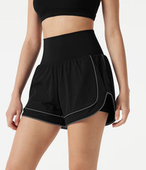 Breezeful™ High-waisted Curved Hem 2-in-1 Reflective Lines Quick Dry Yoga Baggy Shorts with Pockets