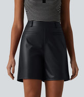 High Waisted Stretchy PU Casual Bermuda Shorts with Pockets
