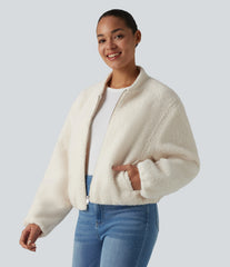 Zip Fly Casual Sherpa Jacket with Pockets