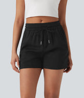 Mid Rise Drawstring Linen-Feel Work Shorts with Side Zip Pockets