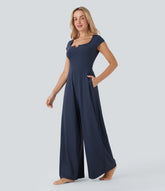 SoftlyZero™ Airy Short Sleeve Wide Leg InstantCool Yoga Jumpsuit with Pockets-Easy Peezy Edition
