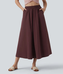 High Waisted A-Line Midi Casual Skirt with Pockets