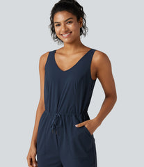 V Neck Drawstring Curved Hem Hiking Jumpsuit with Pockets
