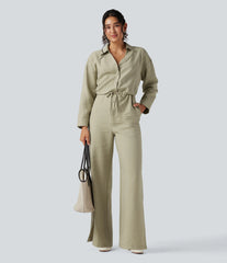 Long Sleeve Drawstring Wide Leg Work Jumpsuit with Pockets