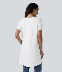 Boat Neck Short Sleeve High-Low Longline Casual T-Shirt with Pockets