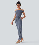 Off Shoulder Back Zipper Casual Jumpsuit with Pockets-Easy Peezy