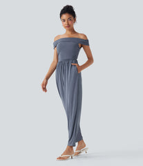 Off Shoulder Back Zipper Casual Jumpsuit with Pockets-Easy Peezy