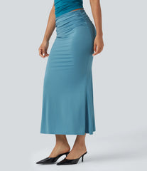 Mid Rise Ruched Midi Mermaid Skirt