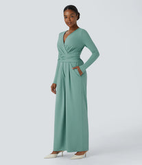 V Neck Long Sleeve Pocket Tie Back Casual Jumpsuit