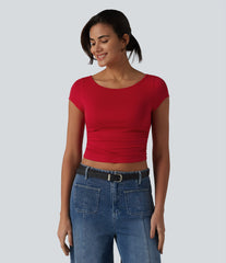 Boat Neck Short Sleeve Built-in Bra Ruched Cropped Casual T-Shirt
